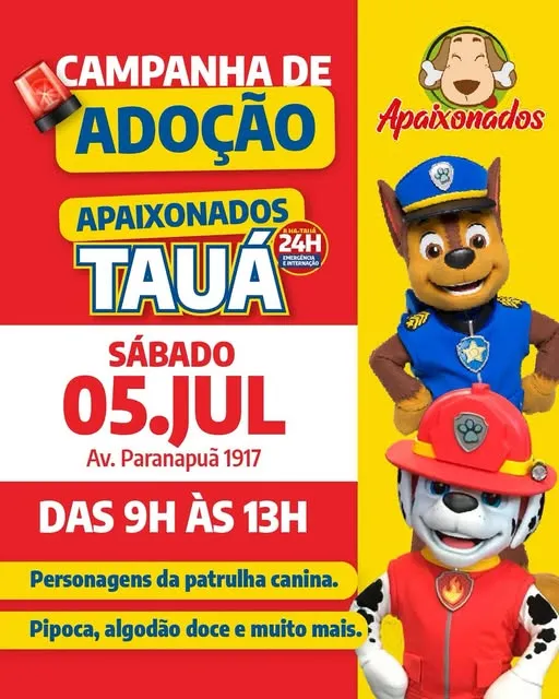 Participe da Campanha de Adoção Apaixonados Tauá em 05/07/2025 na Av. Paranapuã 1917, Rio de Janeiro. Encontre um amigo especial e divirta-se com os personagens da patrulha canina!