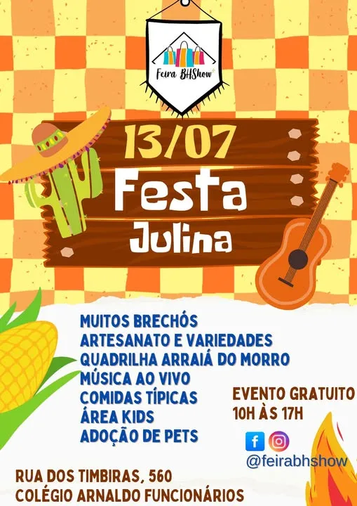 Participe da Festa Julina da Feira BHShow em Belo Horizonte! Evento gratuito com música, comidas típicas e adoção de pets.