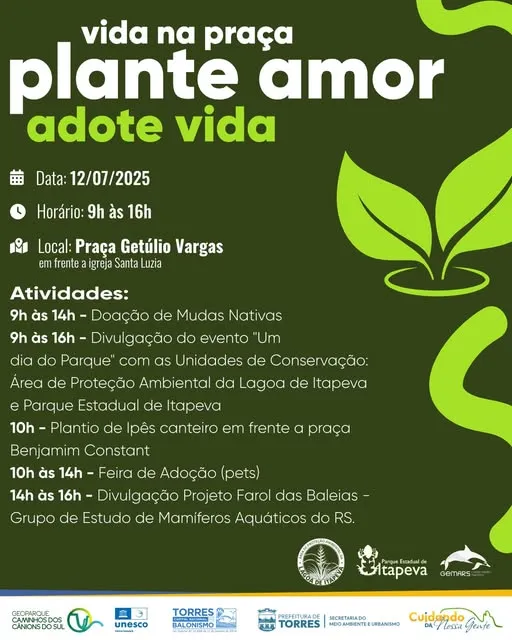 Participe da Feira de Adoção em Torres, RS, no dia 12/07/2025. Adote um pet e se envolva em atividades ambientais na Praça Getúlio Vargas.