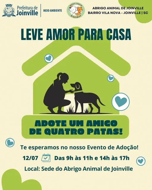 Participe da Feira de Adoção em Joinville no Abrigo Animal, dia 12 de julho de 2025. Adote um amigo de quatro patas e leve amor para casa!