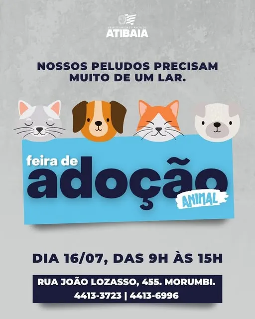 Não perca a feira de adoção de animais em Atibaia no dia 16/07/2025. Venha conhecer e adotar um novo amigo!