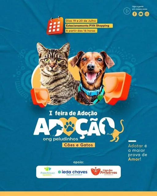 Participe da I Feira de Adoção da Ong Peludinhos nos dias 19 e 20 de julho de 2025, no PVH Shopping em Porto Velho. Adote um amigo e transforme uma vida!