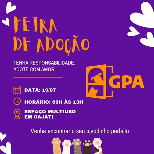 Não perca a Feira de Adoção em Cajati, dia 19/07, no Espaço Multiuso. Adote com amor e responsabilidade!