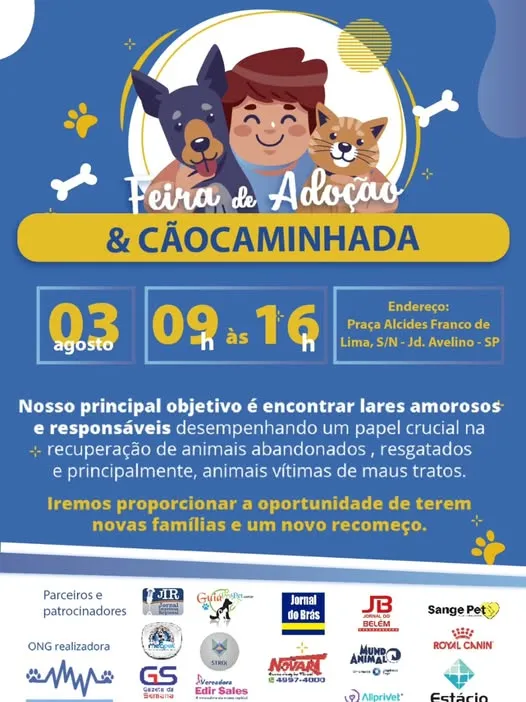 Participe da Feira de Adoção & Cãocaminhada em São Paulo, dia 3 de agosto de 2025. Ajude animais a encontrar lares amorosos e ganhe um novo amigo!