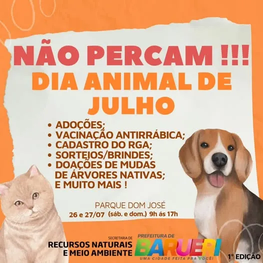 Participe do Dia Animal de Julho em Barueri! Adoções, vacinação, sorteios e mais no Parque Dom José.