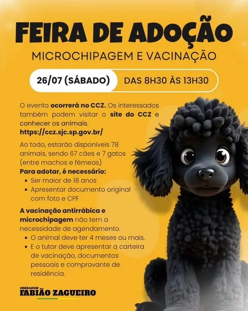 Participe da Feira de Adoção em São José dos Campos no dia 26/07/2025. Disponíveis 78 animais, microchipagem e vacinação sem necessidade de agendamento.