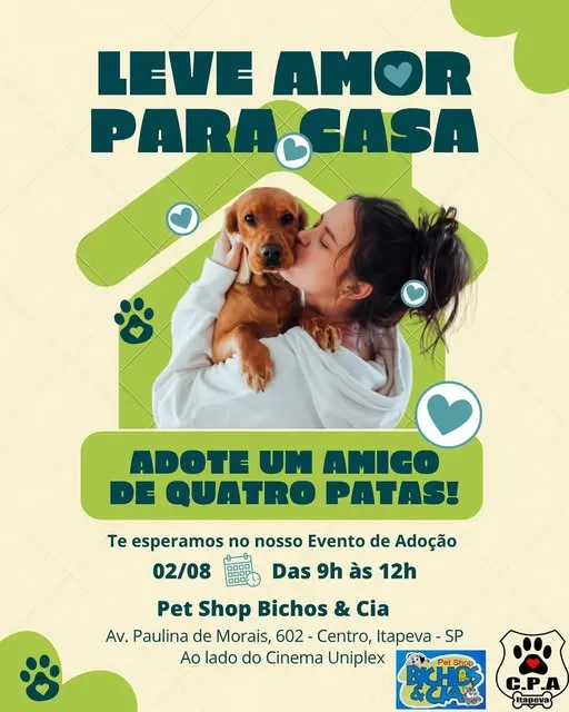 Participe da Feira de Adoção em Itapeva no dia 02/08/2025, das 9h às 12h. Adote um amigo de quatro patas no Pet Shop Bichos & Cia.