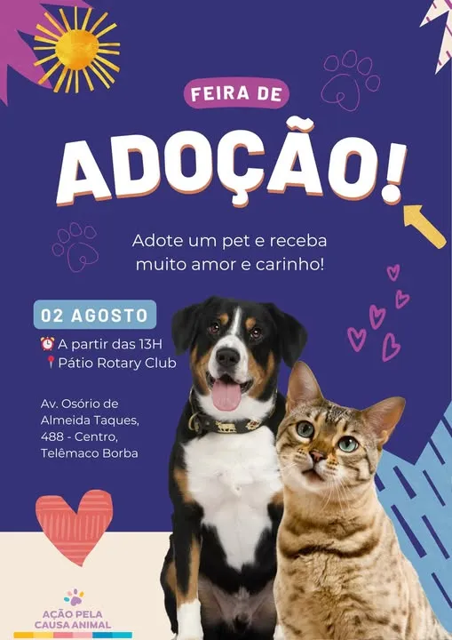 Não perca a Feira de Adoção em Telêmaco Borba no dia 02 de agosto de 2025! Adote um animal e transforme uma vida. Saiba mais!