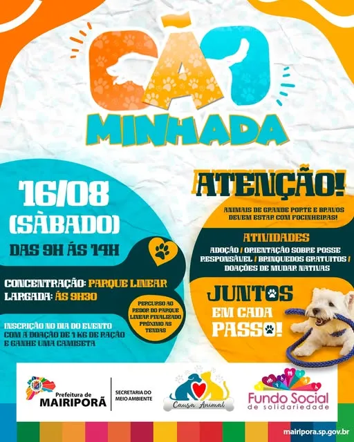 Participe da Cãominhada em Mairiporã! Adoção de animais, orientações, brinquedos e muito mais aguardam por você no Parque Linear. Contribua com 1 kg de ração e ganhe uma camiseta!