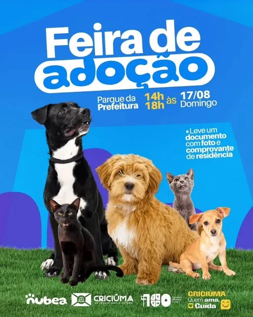 Participe da Feira de Adoção no Parque da Prefeitura em Criciúma, dia 17/08/2025. Encontre seu novo amigo de estimação!