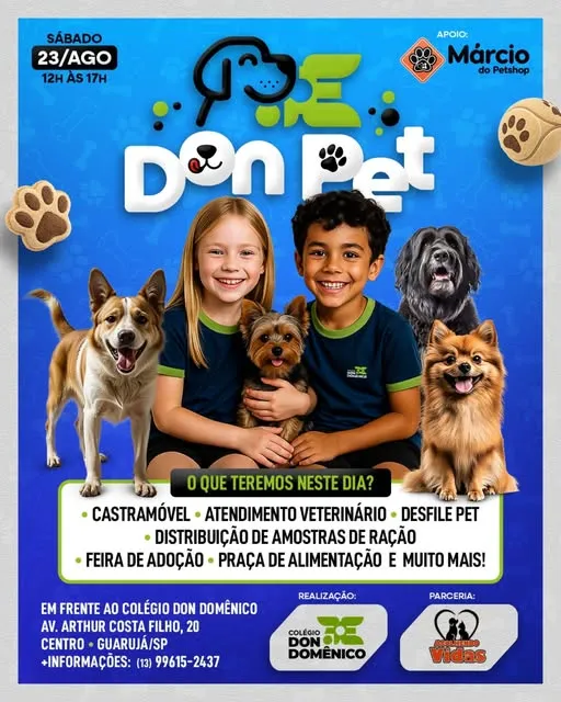 Participe da Feira de Adoção no Guarujá com diversas atividades para pets e adoção de animais. 23 de agosto de 2025, das 12h às 17h.