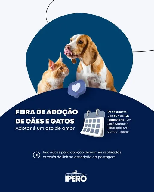 Participe da Feira de Adoção de Cães e Gatos em Iperó, SP, no dia 09 de agosto de 2025. Encontre seu novo melhor amigo!
