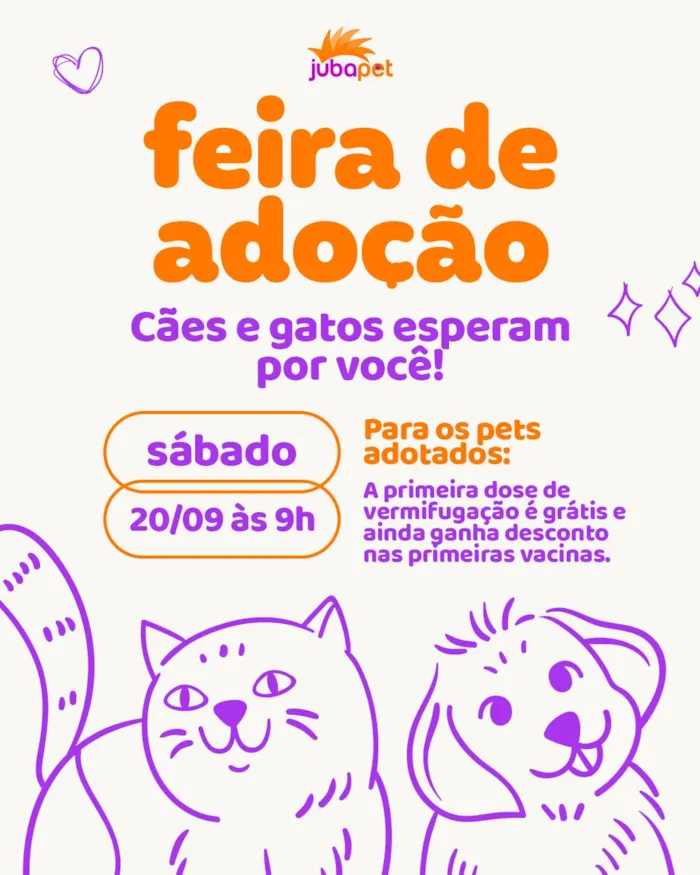 Feira de adoção de cães e gatos no Jubapet em Itajubá, MG, no dia 20/09, a partir das 9h. Vermífugo grátis e desconto em vacinas para pets adotados.