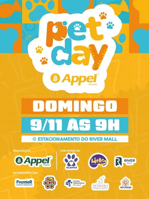 Participe do Pet Day Solidário no River Mall em Brusque no dia 09/11/2025, das 9h às 12h. Diversão para a família, espaço pet e feira de adoção da ACAPRA.