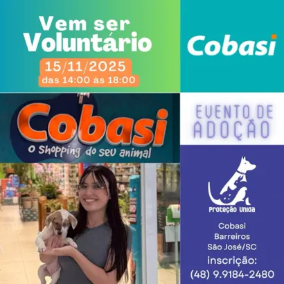 Participe do nosso evento de adoção em 15/11/2025 na Cobasi Barreiros. Ajude a encontrar lares para cães e gatos. Informações: (48) 9.9184-2480. #FeiraDeAdoção