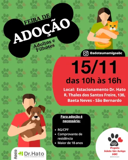Feira de adoção de cães e gatos em São Bernardo do Campo no dia 15/11, das 10h às 16h. Venha conhecer e adotar seu novo amigo!