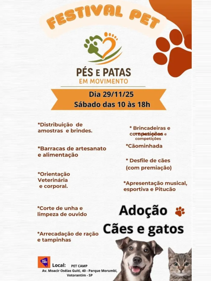 Participe do Festival Pet & Sustentabilidade em Votorantim no dia 29/11/2025. Evento com adoção de animais, ações ecológicas, shows e mais!