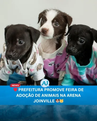 Feira de Adoção de Animais na Arena Joinville em 30/11, das 9h às 13h. Pets vacinados e microchipados. Leve documentos para adotar e encontre seu novo melhor amigo!
