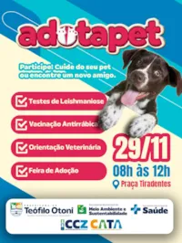 Participe do Adotapet em Teófilo Otoni em 29 de novembro! Serviços gratuitos para pets e feira de adoção. Encontre um novo amigo!