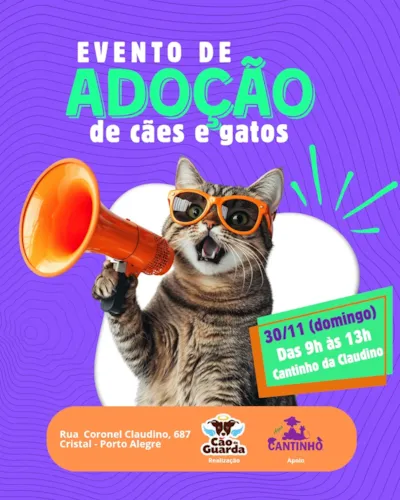 Evento de adoção de cães e gatos em Porto Alegre no dia 30/11/2025. Participe e salve vidas. Doe ração se não puder adotar. Saiba mais!