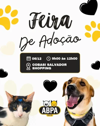 Participe da Feira de Adoção da ABPA Bahia em 06/12, das 09h às 12h, na Cobasi Salvador Shopping. Adote um amigo e doe amor e responsabilidade!