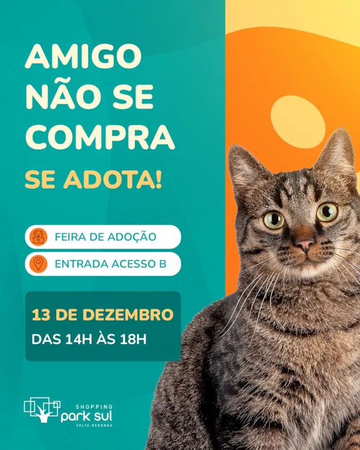 Participe da Feira de Adoção no Shopping Park Sul em 13/12, das 14h às 18h. Encontre seu novo amigo e adote um animal. Um ato de amor que transforma vidas.