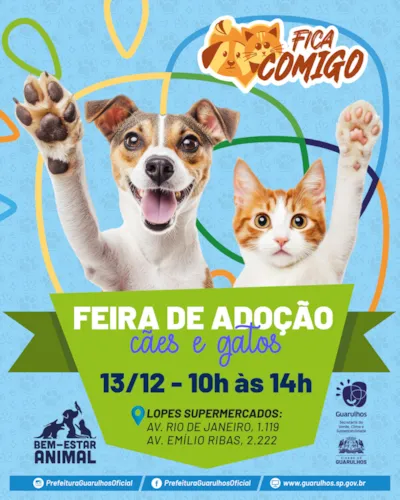 Feira de Adoção de Cães e Gatos em Guarulhos no dia 13/12, das 10h às 14h, em duas unidades do Lopes Supermercados. Adote com responsabilidade!