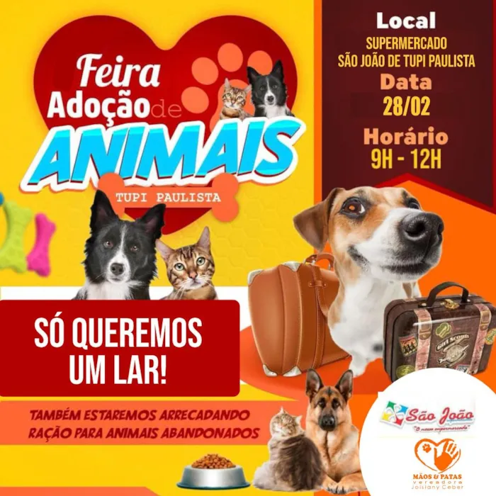 Participe da Feira de Adoção de Animais em Tupi Paulista no dia 28/02. Ajude a dar um lar para nossos amigos peludos!