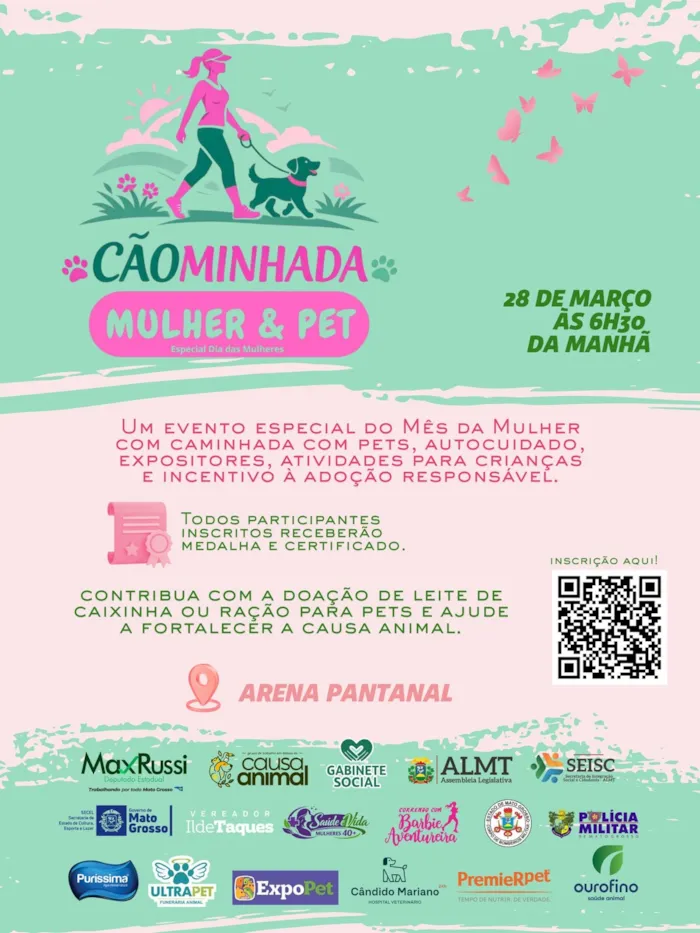 Participe da Cãominhada Mulher & Pet em Cuiabá, no dia 28 de março, e ajude na adoção responsável e na causa animal.