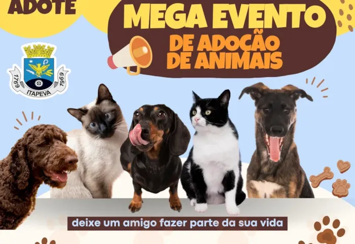 Mega evento de adoção de animais em Itapeva no dia 14 de março, das 13h às 17h, na Praça de Eventos Zico Campolim. Adote um cão ou gato e ganhe um brinde!