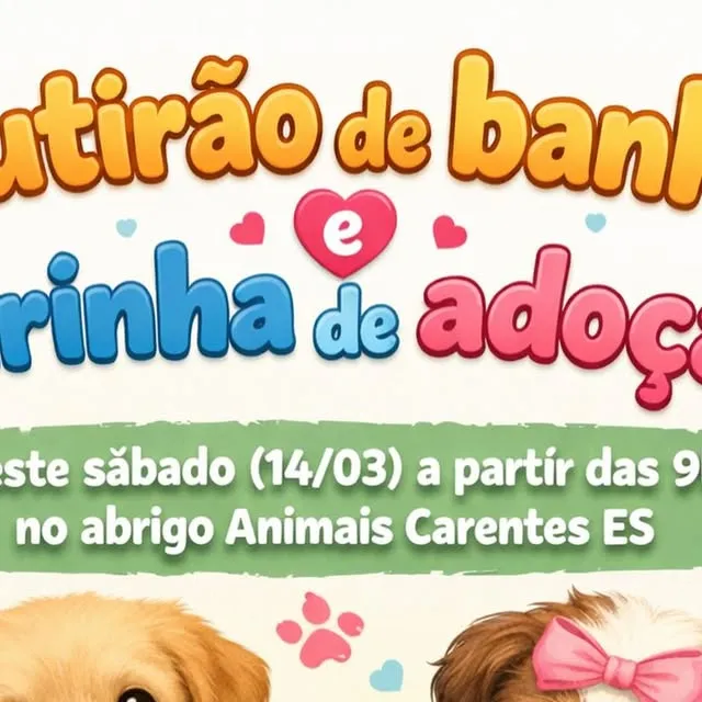 Participe da Feira de Adoção e Mutirão de Banho neste sábado (14/03). Venha adotar um pet ou ajudar nossos animais!