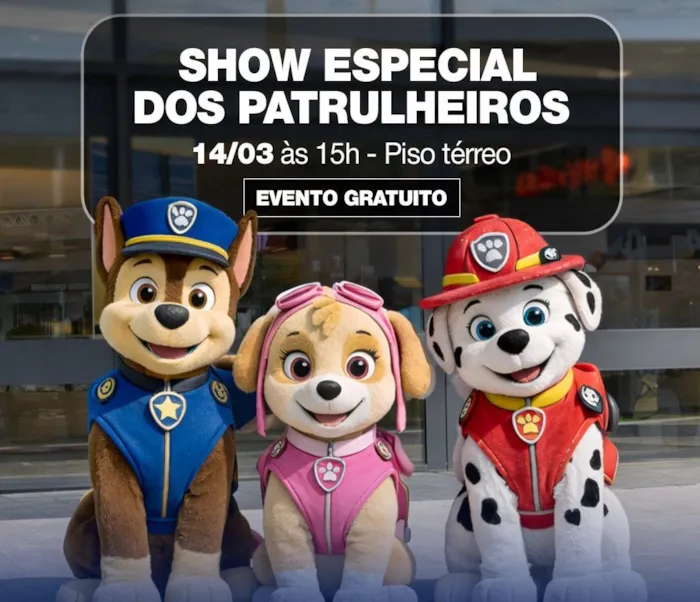Participe da adoção de cães e gatos no Patteo Urupema Shopping em Mogi das Cruzes, com show gratuito de personagens patrulheiros.
