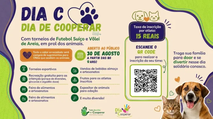 Dia C promove feira de adoção, torneios esportivos e ações em apoio à causa animal em 30 de agosto, na AREC, em Naviraí.
