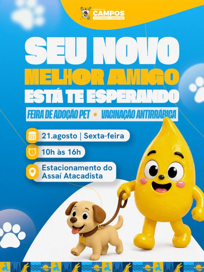 Feira de adoção em Campos dos Goytacazes acontece em 21 de agosto, das 10h às 16h, com cães, gatos e vacinação antirrábica.