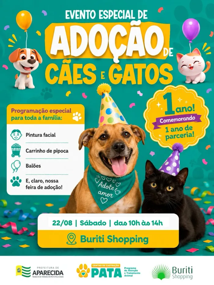 Evento de Adoção de Cães e Gatos em Aparecida no próximo sábado, 22 de agosto, das 10h às 14h, no Buriti Shopping. Encontre seu novo melhor amigo!