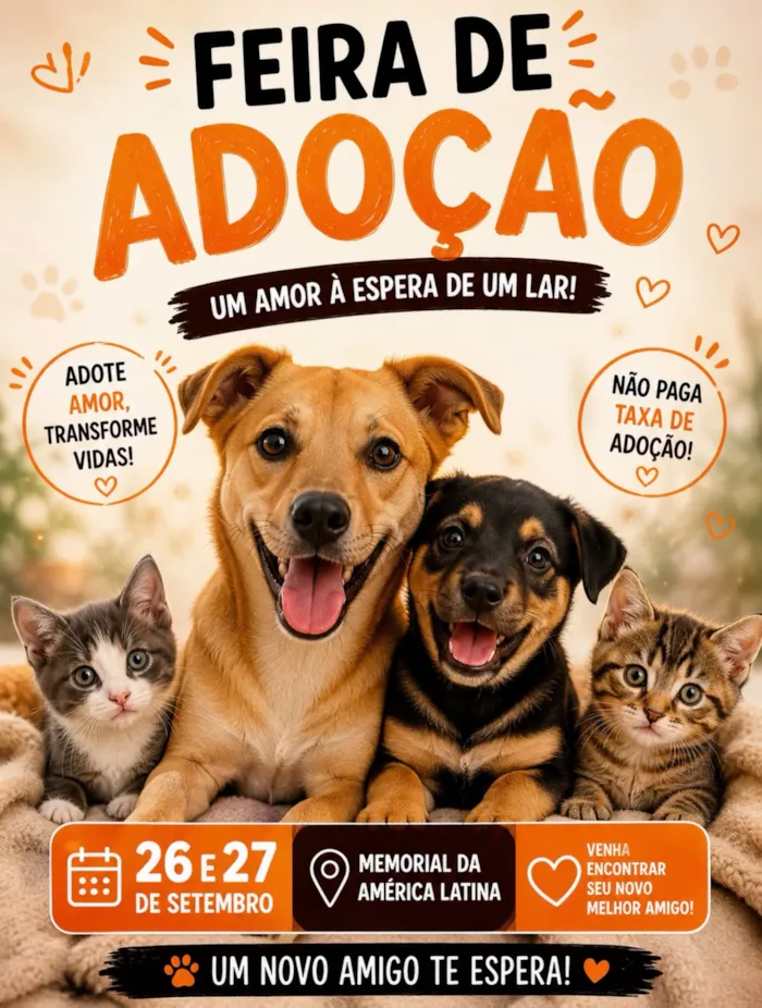 Feira de Adoção de cães e gatos em São Paulo nos dias 26 e 27 de setembro, no Memorial da América Latina, das 12h às 18h. Entrada gratuita.