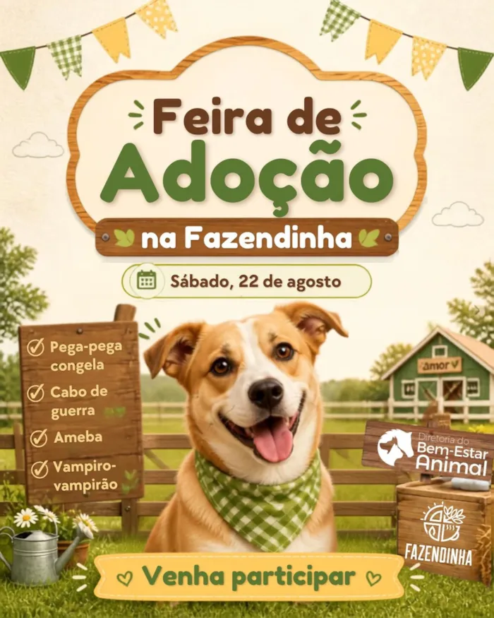 Feira de adoção em Florianópolis acontece em 22 de agosto, na Fazendinha, com recreação infantil e animais à espera de uma família.