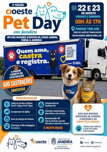 Feira de adoção em Jandira ocorre em 22 e 23 de agosto, das 8h às 17h, com castração, microchipagem e atrações para toda a família.
