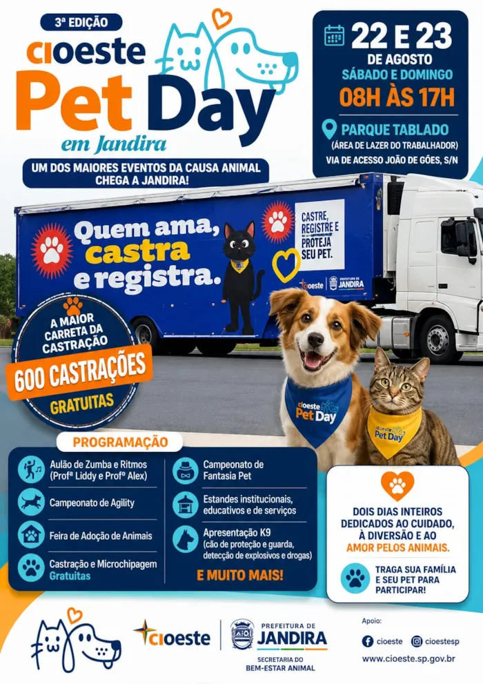 Feira de adoção em Jandira ocorre em 22 e 23 de agosto, das 8h às 17h, com castração, microchipagem e atrações para toda a família.