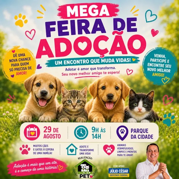 Mega Feira de Adoção em Brasília no dia 29 de agosto, das 09h às 14h, no Parque da Cidade. Cães e gatos disponíveis, com vacinação e vermifugação.