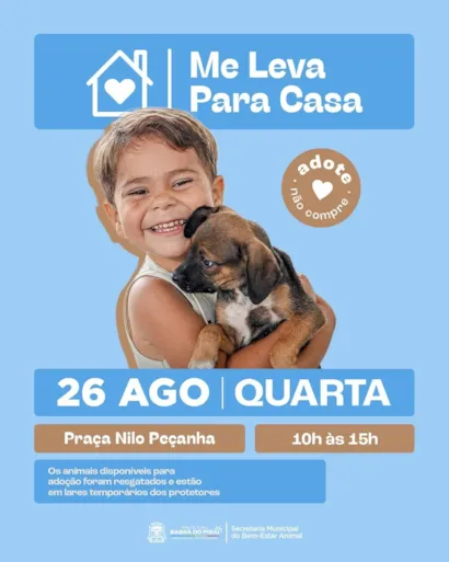 Feira de adoção em Barra do Piraí acontece em 26 de agosto, das 10h às 15h, na Praça Nilo Peçanha, com cães e gatos resgatados.