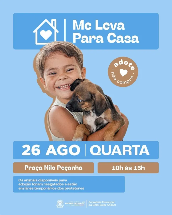Feira de adoção em Barra do Piraí acontece em 26 de agosto, das 10h às 15h, na Praça Nilo Peçanha, com cães e gatos resgatados.