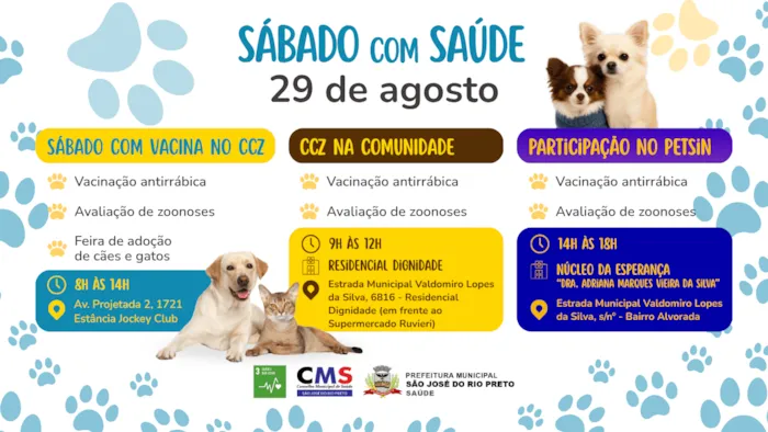 Feira de adoção de cães e gatos em São José do Rio Preto no sábado, 29 de agosto, das 8h às 18h. Participe e adote um novo amigo!