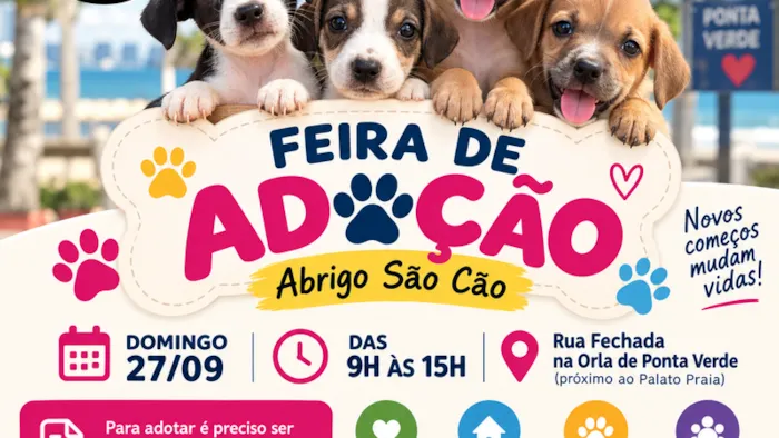 Feira de Adoção do Abrigo São Cão em Maceió no domingo, 27 de setembro, das 9h às 15h. Encontre seu novo companheiro na Orla de Ponta Verde.