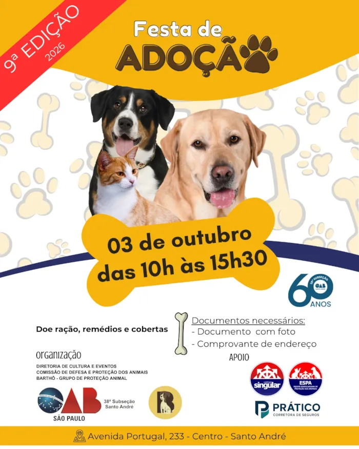 Festa de adoção em Santo André acontece em 3 de outubro, das 10h às 15h30, na OAB, com cães e gatos resgatados e doações.