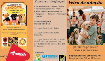Feira de adoção em Palmeira acontece em 10 de outubro, das 8h às 17h, com pets, desfile solidário e expositores de produtos.