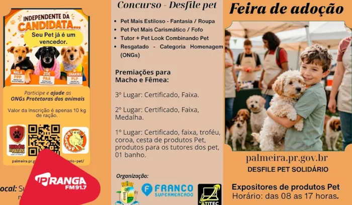 Feira de adoção em Palmeira acontece em 10 de outubro, das 8h às 17h, com pets, desfile solidário e expositores de produtos.