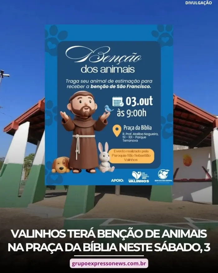 Evento de adoção em Valinhos acontece em 3 de outubro, das 9h às 12h, com cinco pets e bênção na Praça da Bíblia.