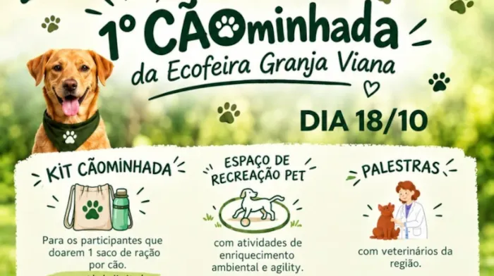 Feira de adoção em Cotia acontece em 18 de outubro, das 7h30 às 12h30, com cães e gatos vacinados, caminhada e atividades pet.