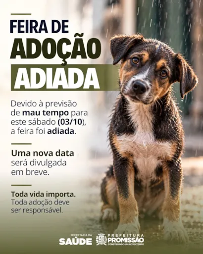 Feira de adoção em Promissão foi adiada de 3 de outubro por mau tempo; nova data será divulgada para encontrar um lar responsável aos animais.